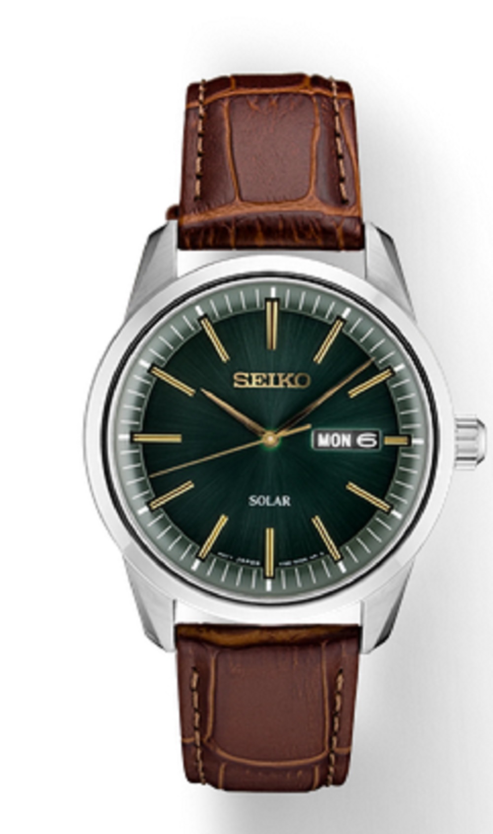 Seiko Men's Essentials Classic Brown Leather Strap Green Sunray Finish Dial Watch