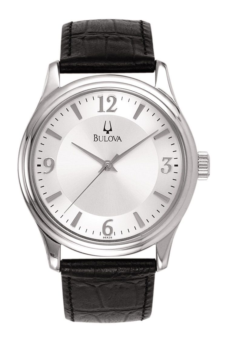 Bulova Classic Collection Mens Silver Dial Watch w/ Black Leather Strap