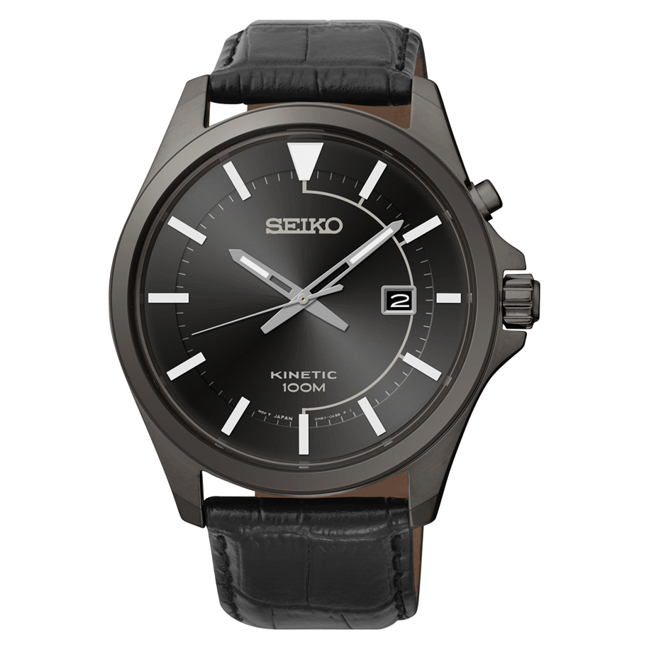 SKA583 Seiko Men's Black Ion Finish Leather Strap Kinetic Watch
