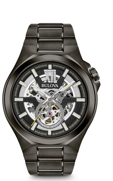 Bulova Mens Automatic Skeletonized Black Dial Gray Ion-Plated Stainless Steel Watch