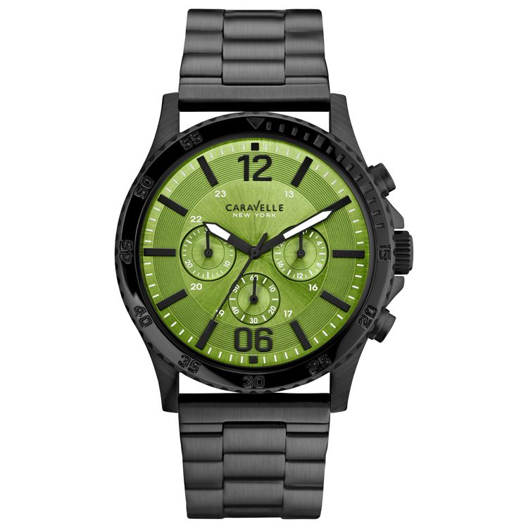 45A107 Caravelle by Bulova Men's Green Chronograph Black-Tone Stainless Steel Bracelet Watch 