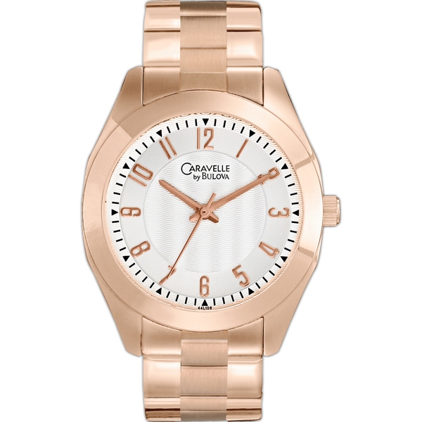 44L106 Caravelle by Bulova Ladies bracelet watch is a stainless steel bracelet design with rose-gold finish