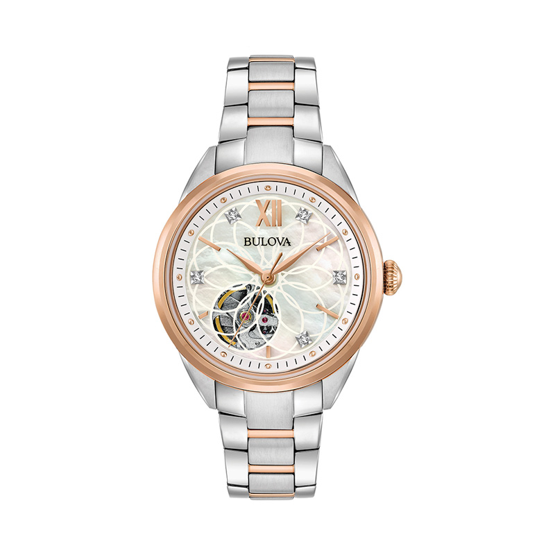 98P170 Ladies Bulova Automatic Diamond Accent Two-Tone Watch with Mother-of-Pearl Skeleton Dial
