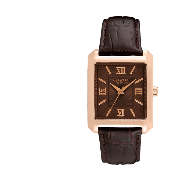44A100 Caravelle By Bulova Men's watch with rectangular brown dial with rose-gold markers