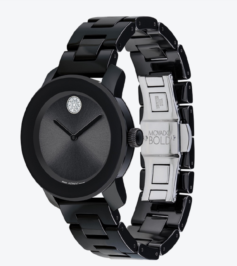 Movado Ladies Black Bold Ceramic Case & Bracelet with Black Dial and Crystal dot Watch