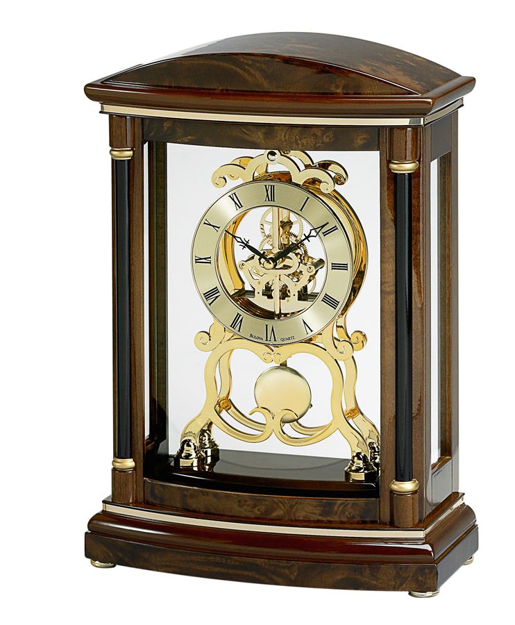Bulova Valeria Walnut & Burl Veneer Pendulum Clock w/ Skeleton Movement
