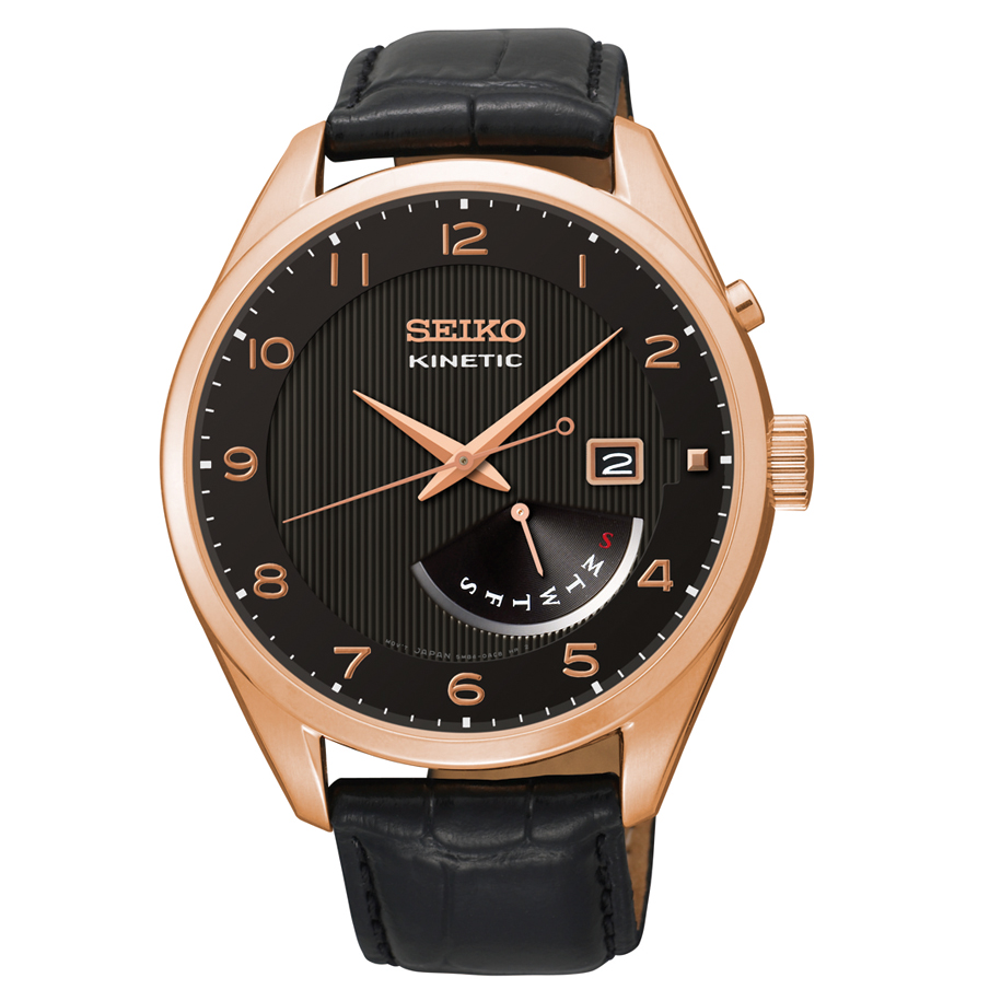 SRN054 Seiko Kinetic Men's Black Dial Rose Gold-Tone Watch