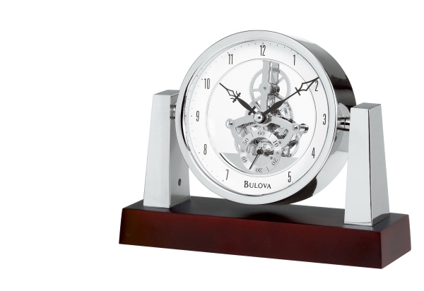 Bulova Table clock features solid wood base