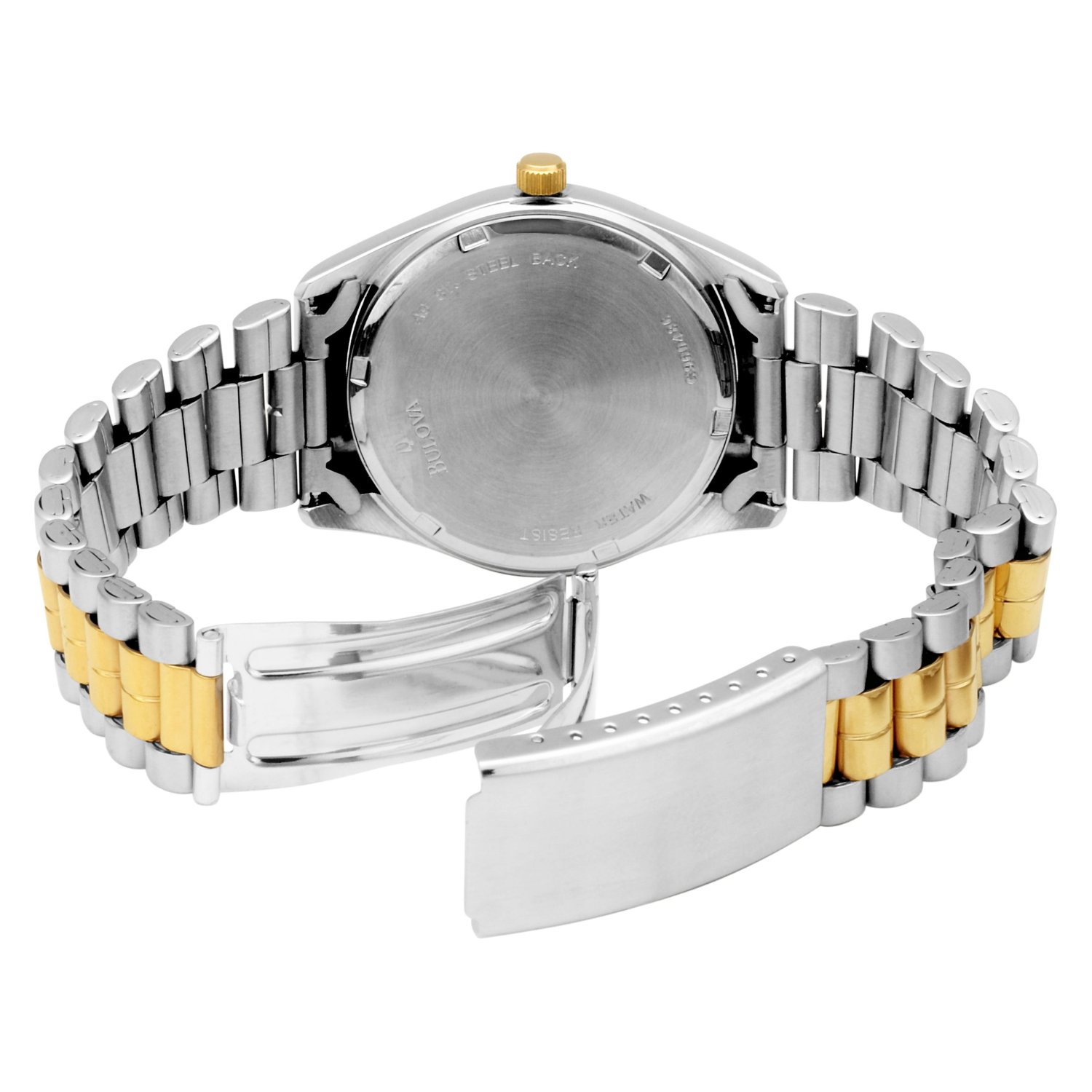 45A08 Caravelle By Bulova Men's bracelet watch with silver patterned dial with gilt markers
