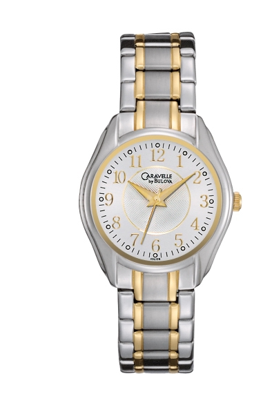 45L126 Caravelle by Bulova Ladies' two-tone watch with patterned silver dial.