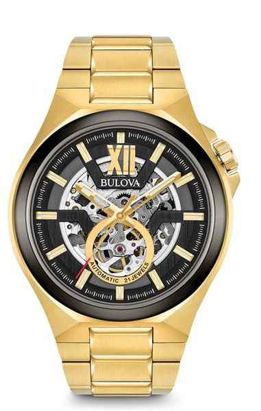 98A178 Bulova Mens Yellow Gold Stainless Steel Bracelet Black Sport Automatic Skeletal Dial Watch