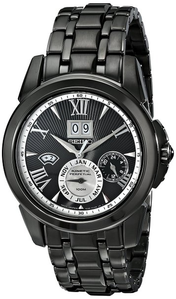 SNP105 Seiko Men's Kinetic Black Dial Black Ion-Plated Watch