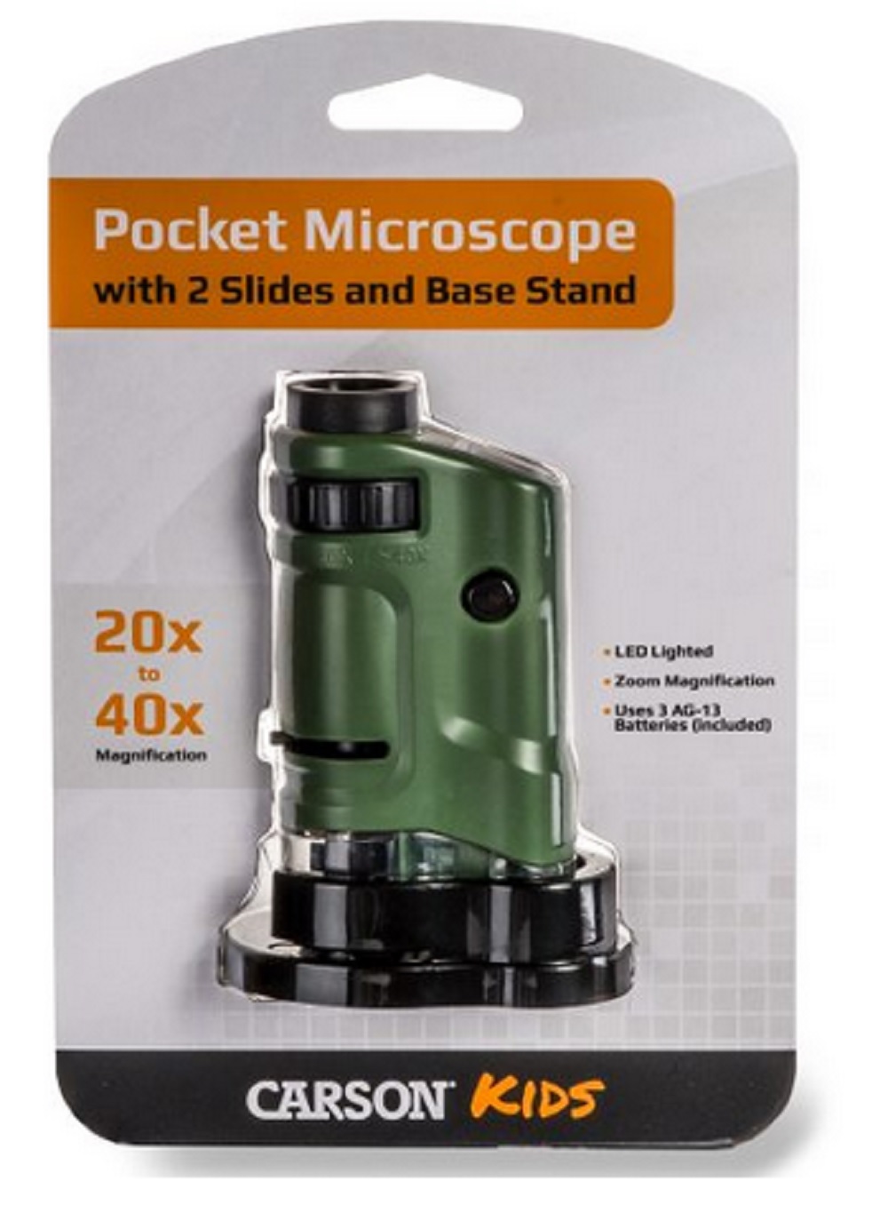 MicroBrite™ 20x-40x LED Lit Pocket Microscope with Slides and Base