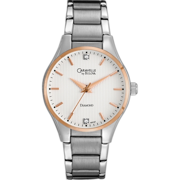 45P107 Caravelle by Bulova Ladies bracelet watch with a diamond design in two-tone silver and rose-gold finish