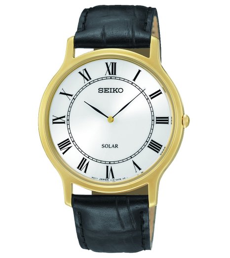 SUP878 Seiko Men's Solar White with Dial Roman Numerals Black Leather Strap Watch