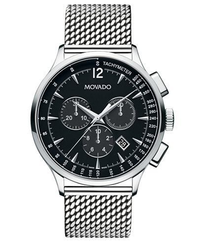 0606803 Movado Circa Chronograph Black Dial Stainless Steel Mesh Men's Watch